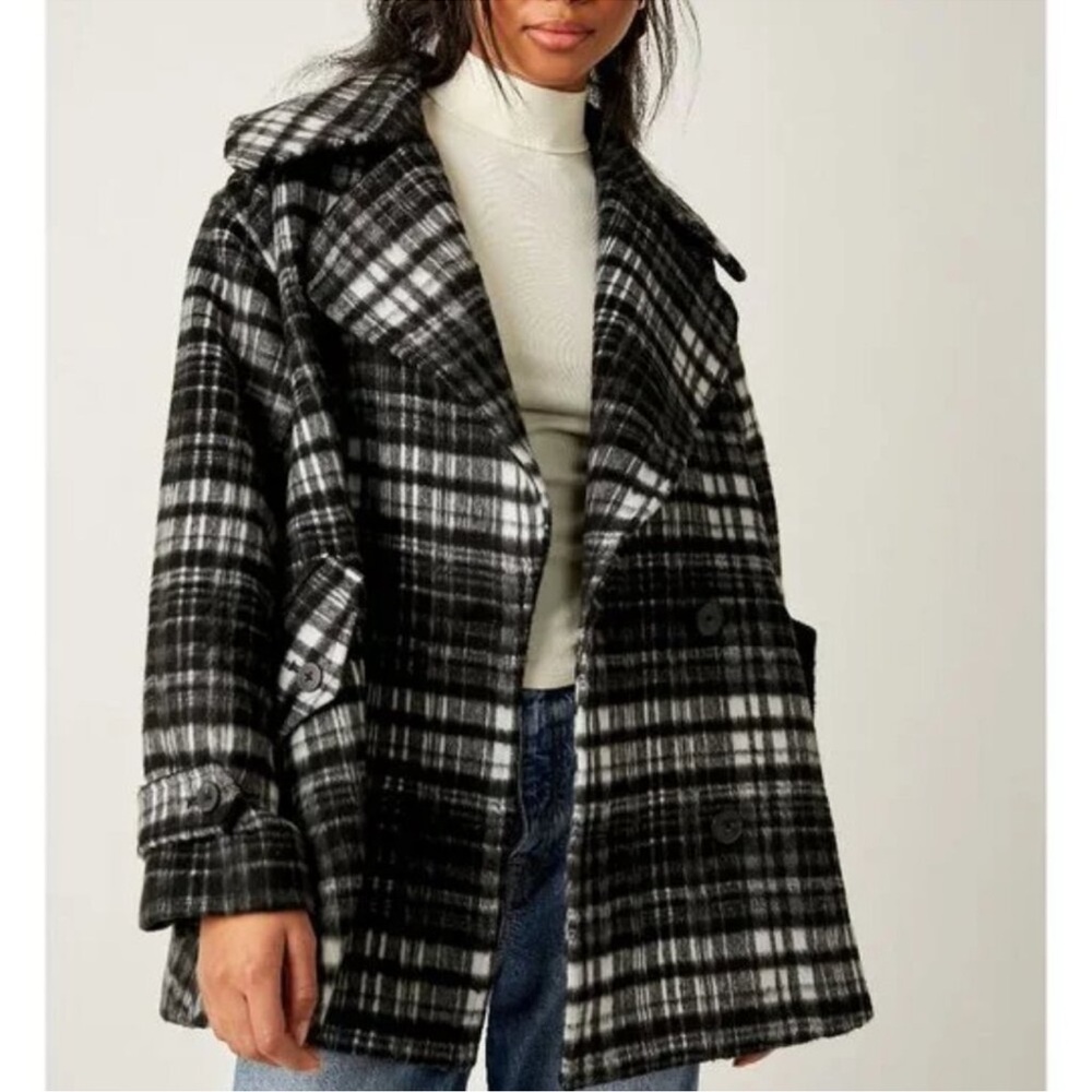 Free People Black and White Plaid Pea Coat
